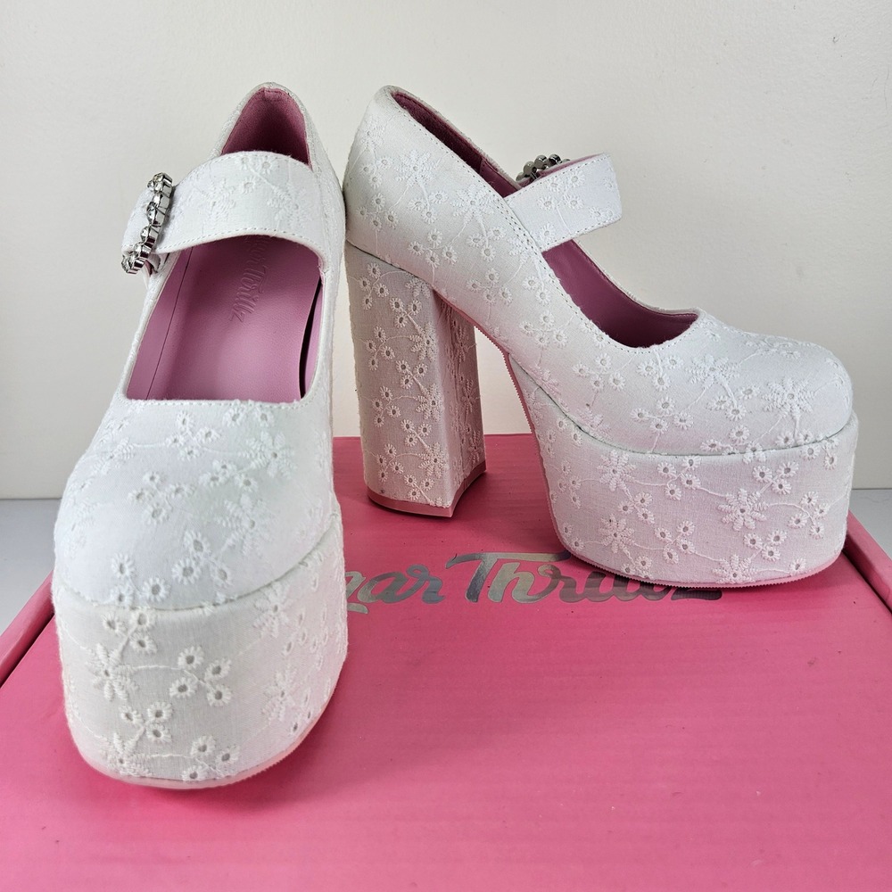 Sugar Thrillz Dolls Kill Womens 5 Lace White Eyelet Mary Jane Platform Heels